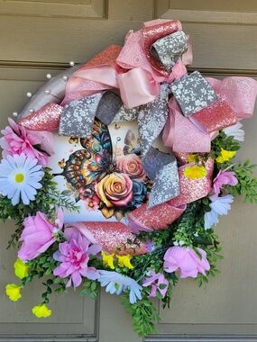 Spring Summer Pink Floral Butterfly Wreath with Bow New
